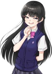 Rule 34 | 1girl, absurdres, arms behind back, black eyes, black hair, blush, bow, bowtie, braid, cardigan vest, collared shirt, hair ornament, hairclip, half-closed eyes, hand on own chin, highres, long hair, looking at viewer, naughty face, nijisanji, open mouth, pink bow, pink headwear, pleated skirt, pocket, rabbit, sanjouki, school uniform, shirt, short sleeves, simple background, skirt, smile, solo, standing, tsukino mito, tsukino mito (3rd costume), uniform, virtual youtuber, white background
