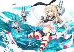 Rule 34 | 10s, 1girl, abyssal ship, black panties, blonde hair, blush, breasts, brown eyes, crop top, crop top overhang, elbow gloves, gloves, hairband, hao (patinnko), highleg, highleg panties, innertube, kantai collection, long hair, missile, navel, ocean, open mouth, panties, pleated skirt, rensouhou-chan, revision, school uniform, serafuku, shimakaze (kancolle), skirt, small breasts, solo, striped clothes, striped thighhighs, swim ring, tears, thighhighs, torn clothes, torn skirt, torn thighhighs, two-tone stripes, underwear, white gloves, wo-class aircraft carrier, | |, || ||