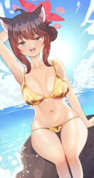 Rule 34 | 1girl, bikini, blue archive, blue sky, breasts, brown hair, cloud, collarbone, day, gold bikini, halo, highres, kaede (blue archive), looking at viewer, medium breasts, minertime, navel, ocean, open mouth, outdoors, red halo, sitting, sky, smile, solo, swimsuit, yellow eyes
