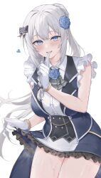 Rule 34 | 1girl, ascot, black bow, blue eyes, blue flower, blue vest, blush, bow, breasts, clothes lift, collared shirt, finger to mouth, flower, frilled sleeves, frills, fuchi (0616tk), gloves, grey ascot, grey hair, hair flower, hair ornament, heart, heart-shaped pupils, highres, lapels, large breasts, long hair, looking at viewer, magia record: mahou shoujo madoka magica gaiden, magical girl, mahou shoujo madoka magica, open mouth, ponytail, shirt, short sleeves, shushing, sidelocks, skirt, skirt lift, solo, symbol-shaped pupils, upper body, very long hair, vest, white background, white gloves, white shirt, yakumo mitama