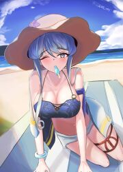 Rule 34 | 1girl, beach, bikini, blue bikini, blue eyes, blue hair, blue sky, bracelet, breasts, brown hat, cleavage, cloud, day, dimos (dawn 1945), food, gotland (kancolle), hat, highres, jewelry, kantai collection, large breasts, long hair, looking at viewer, mountainous horizon, mouth hold, ocean, one eye closed, outdoors, popsicle, sky, solo, sun hat, swimsuit, water