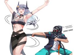 Rule 34 | &gt; &lt;, 1boy, 1girl, absurdres, arknights, armpits, arms up, bare arms, bare shoulders, bikini, black bikini, black choker, black jacket, blue shorts, breasts, brz, choker, cleavage, commentary, doctor (arknights), english commentary, highres, hood, hooded jacket, horns, jacket, jewelry, large breasts, long hair, male doctor (arknights), material growth, mudrock (arknights), mudrock (silent night) (arknights), navel, necklace, official alternate costume, open mouth, oripathy lesion (arknights), pointy ears, shirt, shorts, silver hair, simple background, standing, stomach, swimsuit, thighs, white background, white shirt