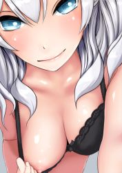 Rule 34 | 10s, 1girl, blue eyes, blurry, bow, bow bra, bra, bra pull, breasts, close-up, closed mouth, clothes pull, collarbone, depth of field, hair between eyes, highres, honeusagi, kantai collection, kashima (kancolle), large breasts, looking at viewer, nipples, noli-pee (little stupid), one breast out, pink lips, pulling own clothes, shiny skin, silver hair, smile, solo, underwear, upper body