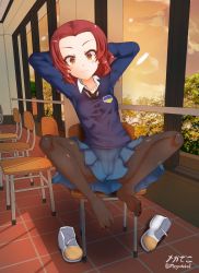 Rule 34 | 1girl, arms behind head, black necktie, black pantyhose, blush, breasts, classroom, closed mouth, feet, girls und panzer, highres, indoors, looking at viewer, megadeko, necktie, pantyhose, red hair, rosehip (girls und panzer), school uniform, shoes, unworn shoes, short hair, small breasts, smile, solo, st. gloriana&#039;s school uniform, yellow eyes