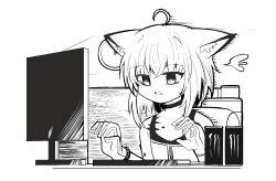 Rule 34 | 1girl, ahoge, animal ear fluff, animal ears, arknights, bags under eyes, bare shoulders, can, choker, clock, dress, energy drink, fox ears, gloves, greyscale, highres, keyboard (computer), monitor, monochrome, monster energy, simple background, sleeveless, sleeveless dress, solo, spam (spamham4506), sussurro (arknights), upper body, wall clock, white background