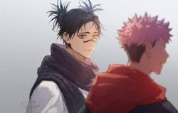Rule 34 | 2boys, black hair, blurry, choso (jujutsu kaisen), closed mouth, depth of field, double bun, facial tattoo, gradient background, grey background, hair bun, itadori yuuji, jujutsu kaisen, jujutsu tech uniform, light smile, looking at another, male focus, mu kmijj, multiple boys, pink hair, purple scarf, red hood, robe, scarf, tattoo, twitter username, undercut, upper body, white robe