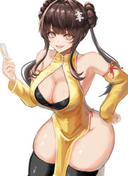 Rule 34 | 1girl, :d, bare shoulders, black thighhighs, breasts, brown hair, character request, china dress, chinese clothes, cleavage, commentary request, copyright request, detached sleeves, double bun, dress, folding fan, hair bun, hair intakes, hand fan, holding, holding fan, large breasts, long hair, long sleeves, looking at viewer, moppo, open mouth, pelvic curtain, simple background, skindentation, sleeveless, sleeveless dress, smile, solo, thighhighs, thighs, white background, yellow dress, yellow eyes