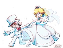 Rule 34 | 1boy, 1girl, antonin (antn.mrt), blonde hair, blue eyes, bow, bowtie, brown hair, crown, dancing, dress, earrings, facial hair, formal, full body, gloves, grin, hat, high heels, highres, holding hands, jewelry, mario, mario (series), mustache, nintendo, open mouth, ponytail, princess peach, smile, suit, super mario odyssey, top hat, veil, white dress, white suit