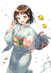 Rule 34 | 1girl, :d, animal, black hair, blue kimono, blurry, blurry foreground, blush, brown eyes, carrying, carrying under arm, clownfish, commentary request, depth of field, fish, hair ornament, hand up, japanese clothes, kimono, long sleeves, looking at viewer, midorikawa you, obi, open mouth, original, sash, shell hair ornament, simple background, smile, solo, teeth, upper teeth only, v, water, white background, wide sleeves