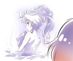 Rule 34 | 2girls, commentary request, completely nude, from behind, iesupa, multiple girls, nude, onsen, ruby rose, rwby, scar, scar across eye, scar on face, sweat, towel, towel on head, water, weiss schnee