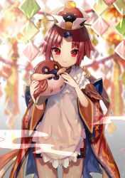 Rule 34 | 1girl, animal, apron, benienma (fate), bird, black shorts, blurry, blurry background, blush, brown hair, brown kimono, closed mouth, commentary request, cowboy shot, depth of field, fate/grand order, fate (series), hat, holding, holding animal, itamidome, japanese clothes, kimono, long hair, long sleeves, low ponytail, parted bangs, ponytail, red eyes, red hat, short shorts, shorts, smile, solo, standing, twitter username, very long hair, white apron, wide sleeves