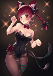 Rule 34 | 1girl, alternate costume, amano hagoromo, animal ear fluff, animal ears, bare arms, bare shoulders, black background, black bow, black leotard, blush, bow, bowtie, braid, breasts, brown background, cat ears, cat tail, chestnut mouth, cleavage, commentary, covered navel, cowboy shot, detached collar, gradient background, green ribbon, groin, hair bow, hand up, highres, kaenbyou rin, kittysuit, leg ribbon, leotard, long hair, looking at viewer, medium breasts, multiple tails, nekomata, nontraditional playboy bunny, open mouth, pantyhose, paw pose, playboy bunny, pointy ears, red bow, red bowtie, red eyes, red hair, ribbon, solo, sparkle, standing, strapless, strapless leotard, tail, tail ornament, tail ribbon, thighs, touhou, twin braids, twintails, two tails