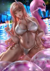 Rule 34 | 1girl, ahoge, bikini, blurry, breasts, brown eyes, commission, cup, depth of field, drinking glass, inflatable raft, kaopon, large breasts, light brown hair, long hair, looking at viewer, navel, o-ring, o-ring bikini, original, parted lips, pool, poolside, skeb commission, solo, swept bangs, swimsuit, wet, white bikini, wine glass