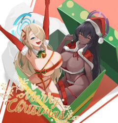Rule 34 | 2girls, absurdres, arms up, asuna (blue archive), bell, bikini, black hair, blue archive, blue eyes, blue nails, bow, bowtie, box, breasts, capelet, christmas, cleavage, closed mouth, collar, commentary, curvy, dark-skinned female, dark skin, detached collar, elbow gloves, english text, fang, fingernails, fur-trimmed bikini, fur-trimmed capelet, fur-trimmed headwear, fur trim, gift, gift box, gloves, green bow, green bowtie, hair between eyes, hair over one eye, hair ribbon, halo, hand up, hat, highres, jiang (kplrt 07), karin (blue archive), large breasts, light brown hair, long hair, looking at viewer, merry christmas, mole, mole on breast, multiple girls, nail polish, naked ribbon, navel, neck bell, one eye covered, open mouth, red bikini, red capelet, red headwear, red ribbon, ribbon, santa hat, sidelocks, skin fang, smile, swept bangs, swimsuit, thong, thong bikini, very long hair, white collar, wide hips, yellow eyes
