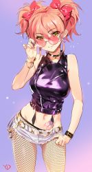Rule 34 | 10s, 1girl, adjusting eyewear, bare arms, belt, blue background, blush, bow, bracelet, breasts, chain, choker, commentary request, earrings, eyelashes, fishnets, glasses, gradient background, hair bow, hand on own hip, heart, heart earrings, heart tattoo, highres, hip focus, idolmaster, idolmaster cinderella girls, jewelry, jougasaki mika, looking at viewer, midriff, nail polish, navel, pink bow, pink hair, pink nails, purple background, round eyewear, shirt, short shorts, shorts, sidelocks, signature, sleeveless, sleeveless shirt, smile, solo, stomach tattoo, tattoo, thighs, twintails, white shorts, yd (orange maru), yellow eyes, zipper