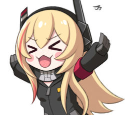 Rule 34 | &gt; &lt;, 1girl, black gloves, black jacket, blonde hair, blush, blush stickers, closed eyes, commentary request, girls&#039; frontline, gloves, grey background, hair between eyes, headgear, jacket, jjuwaap, long hair, long sleeves, m4 sopmod ii (girls&#039; frontline), multicolored hair, open mouth, outstretched arms, red hair, sidelocks, simple background, smile, solo, streaked hair, upper body