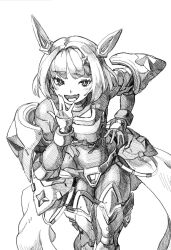 Rule 34 | 1girl, :d, armor, armored bodysuit, armored boots, armored gloves, blush, boots, breastplate, goddess of victory: nikke, greyscale, hair intakes, hand on own hip, highres, hip armor, laughing, leaning forward, leg armor, monochrome, noah (nikke), open mouth, pauldrons, short hair, shoulder armor, simple background, sketch, smile, smug, solo, sparkle hair ornament, traditional media, utsuke (u tuk e), white background