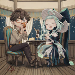 Rule 34 | 1boy, 1girl, :d, ahoge, aqua eyes, aqua hair, black footwear, brown footwear, brown hair, brown pants, cake, capelet, chair, character name, chibi, closed eyes, collared shirt, crossed legs, cup, dela (dela and hadou channel), dela and hadou channel, dress, drinking, food, full body, hadou (dela and hadou channel), hat, high heels, holding, holding cup, indoors, long hair, long sleeves, mizutame tori, mug, open mouth, pants, shirt, signature, sitting, smile, striped clothes, striped headwear, table, virtual youtuber, white dress, white headwear, wooden floor