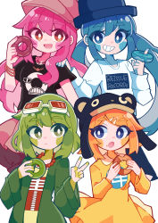 Rule 34 | 4girls, absurdres, animal ears, artist name, beanie, black shirt, blonde hair, blue eyes, blue hair, blue headwear, blush stickers, bone print, bracelet, brown headwear, cabbie hat, circle, clenched teeth, closed mouth, collared dress, colorful, donut hole (vocaloid), doughnut, dress, expressionless, eyelashes, facing viewer, fake animal ears, flat chest, food, food on face, goggles, goggles on head, green eyes, green hair, green jacket, grin, gumi, hair between eyes, hair ornament, hairclip, hand on another&#039;s shoulder, hand up, hands up, happy, hat, hatsune miku, highres, holding, holding food, index finger raised, jacket, jewelry, kagamine rin, long hair, long sleeves, looking at another, looking at viewer, looking to the side, megurine luka, multiple girls, necklace, open mouth, orange eyes, pink hair, pitanto, shirt, short dress, short hair, side-by-side, simple background, smile, teeth, thick eyebrows, top hat, twintails, upper body, v, vocaloid, wavy hair, white background, white dress, wide sleeves, yellow shirt