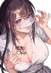 Rule 34 | 1girl, body writing, breasts, brown hair, cleavage, clothes pull, collared shirt, dress shirt, grey skirt, highres, large breasts, long hair, mask, mask lift, mole, mole under mouth, official art, open mouth, original, partially unbuttoned, pleated skirt, purple eyes, shirt, shirt pull, short sleeves, skirt, uma raclette, white background, white shirt