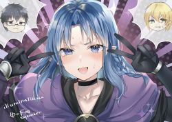 Rule 34 | 1girl, 2boys, absurdres, blue eyes, blue hair, blush, braid, chibi, chibi inset, commission, fate/grand order, fate/stay night, fate (series), highres, jason (fate), kuzuki souichirou, long hair, looking at viewer, medea (fate), multiple boys, pointy ears, second-party source, side braid, solo focus, sweatdrop, v, yufou