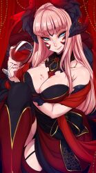Rule 34 | 1girl, arm under breasts, bare shoulders, black bow, black thighhighs, bow, breasts, cleavage, cup, dragon girl, dragon horns, dragon tail, dress, drinking glass, garter straps, green eyes, half-closed eyes, highres, holding, holding cup, horns, large breasts, long hair, looking at viewer, merunyaa, original, parted lips, red dress, red thighhighs, red wine, scales, shiny skin, smile, solo, tail, teeth, thighhighs, wine, wine glass
