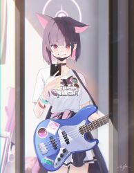 Rule 34 | 1girl, absurdres, animal ears, bass guitar, black hair, blue archive, blush, breasts, cat ears, cellphone, colored inner hair, extra ears, fender jazz bass, grin, halo, highres, holding, holding phone, indoors, instrument, kazusa (band) (blue archive), kazusa (blue archive), kiwi (uwee8553), looking at mirror, looking at viewer, medium breasts, mirror, multicolored hair, official alternate costume, phone, pink hair, pink halo, pleated skirt, red eyes, selfie, shirt, short hair, short sleeves, signature, skirt, smartphone, smile, solo, white shirt, white skirt