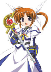 Rule 34 | 10s, 1girl, armor, armored dress, blue eyes, cowboy shot, dress, female focus, fingerless gloves, gloves, hair ribbon, holding, jacket, juliet sleeves, long sleeves, looking at viewer, lyrical nanoha, magical girl, mahou shoujo lyrical nanoha, mahou shoujo lyrical nanoha the movie 1st, open mouth, puffy sleeves, raising heart, raising heart (device mode) (1st), ribbon, simple background, smile, solo, standing, takamachi nanoha, takamachi nanoha (movie 1st mode), twintails, wan&#039;yan aguda, white background, white dress