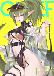 Rule 34 | 1girl, alternate hairstyle, arknights, bare shoulders, breasts, chinese commentary, commentary request, cowboy shot, crocodilian tail, fang, gavial (arknights), green hair, groin, hair between eyes, hand up, highres, long hair, long sleeves, looking at viewer, medium breasts, midriff, navel, off shoulder, official alternate costume, open clothes, open shirt, ounijang, parted lips, pointy ears, ponytail, see-through, sidelocks, smile, solo, standing, stomach, tail, thigh strap, thighs, underboob, visor cap, yellow background, yellow eyes