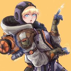 Rule 34 | 1girl, :o, apex legends, black gloves, blonde hair, blue eyes, blush, bodysuit, breasts, bright pupils, commentary, electricity, english commentary, eyebrows hidden by hair, from side, gloves, grey jacket, hood, hooded bodysuit, hooded jacket, jacket, leaning back, looking at viewer, medium breasts, open mouth, pointing, purple bodysuit, purple headwear, ribbed bodysuit, ryosharke, solo, wattson (apex legends), white pupils