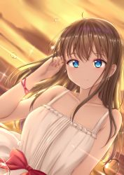 Rule 34 | 1girl, absurdres, ahoge, arm up, bare shoulders, blue eyes, bow, bracelet, breasts, brown hair, dress, earrings, highres, jewelry, lens flare, light blush, long hair, looking at viewer, mole, mole on breast, nail polish, original, pink nails, red bow, skywalker0610, smile, solo, upper body, water drop, white dress
