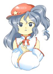 Rule 34 | 1girl, asymmetrical hair, detached sleeves, grey eyes, grey hair, hat, hat ornament, label girl (dipp), long sleeves, looking at viewer, nonamejd, official style, red hat, shirt, solo, star (symbol), star hat ornament, straight-on, touhou, upper body, white shirt, white sleeves, wide sleeves, zun (style)