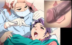 Rule 34 | 1boy, 2girls, animated, animated gif, censored, cum, dentist, facejob, facial, fat, fat man, head out of frame, hetero, lips, mask, mirror, mouth mask, mouth mirror, multiple girls, nighthawk (circle), penis on face, rape, rubbing, surgical mask, time stop