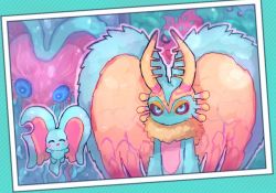 Rule 34 | animal ears, antlers, aqua fur, blue eyes, blush stickers, chiimako, closed eyes, colored skin, elfilin, fecto elfilis, fecto forgo, fecto forgo (larva), fecto forgo (monster), horns, kirby (series), kirby and the forgotten land, looking at viewer, monster, mouse ears, multiple heads, multiple persona, nintendo, no humans, notched ear, photo (object), pink skin, tail, yellow fur
