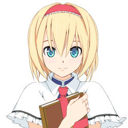 Rule 34 | 1girl, alice margatroid, ascot, blonde hair, blue eyes, book, capelet, hairband, holding, holding book, smile, solo, soukun s, touhou