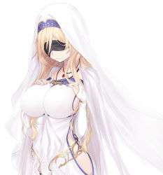 Rule 34 | 10s, 1girl, artist request, black blindfold, blindfold, blonde hair, breasts, bridal gauntlets, cape, detached sleeves, dress, goblin slayer!, habit, hands on own chest, highres, jewelry, large breasts, lilcat, long hair, necklace, no bra, no panties, side slit, smile, solo, sword, sword maiden, underbust, veil, very long hair, weapon, white cape, white dress