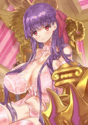 Rule 34 | 1girl, babydoll, blush, breasts, claws, fate/grand order, fate (series), hair ribbon, huge breasts, kissai, legs together, lingerie, long hair, looking at viewer, love handles, navel, panties, parted lips, passionlip (fate), pink panties, purple hair, purple ribbon, red eyes, ribbon, sitting, solo, tareme, thighhighs, underwear, very long hair