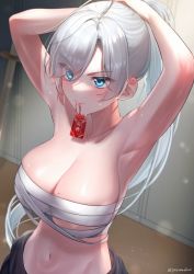 Rule 34 | 1girl, absurdres, armpits, arms behind head, arms up, bare shoulders, blue eyes, breast band, breasts, breasts out, charm (object), chest sarashi, cleavage, collarbone, eyes visible through hair, hair lift, hands in hair, highres, holding, holding own hair, kendo, large breasts, light particles, long hair, minase alice (yayoi maka), mole, mole on breast, mouth hold, navel, no shirt, original, ponytail, revision, sarashi, solo, stomach, sword, tying hair, v-shaped eyebrows, very long hair, weapon, white hair, wooden sword, yayoi maka