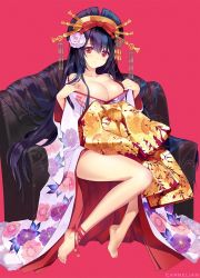 Rule 34 | 1girl, alternate costume, ankle ribbon, bad id, bad twitter id, bare legs, bare shoulders, barefoot, black hair, blush, breasts, carnelian, cleavage, couch, dress, floral print, fusou (kancolle), headdress, japanese clothes, kantai collection, kimono, large breasts, leg ribbon, long hair, looking at viewer, off shoulder, red eyes, ribbon, sitting, smile, solo, very long hair