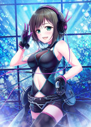 Rule 34 | 10s, 1girl, aqua eyes, bare shoulders, black gloves, blush, breasts, brown hair, cleavage, fang, gloves, hasumi (hasubatake39), headphones, headset, highres, idolmaster, idolmaster cinderella girls, idolmaster cinderella girls starlight stage, looking at viewer, maekawa miku, medium breasts, navel, nothing but you, open mouth, short hair, smile, solo, standing, tattoo, thighhighs