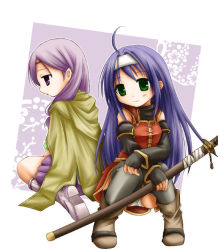 Rule 34 | 2girls, ahoge, bare shoulders, black legwear, blue hair, boots, cape, detached sleeves, expressionless, fire emblem, fire emblem: radiant dawn, green eyes, headband, ilyana (fire emblem), long hair, long sleeves, looking to the side, low twintails, mia (fire emblem), multiple girls, nintendo, panties, pantyshot, purple eyes, purple hair, seiza, sitting, skirt, smile, sword, tenmaru, thighhighs, twintails, underwear, weapon, white panties