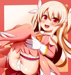 Rule 34 | 1girl, blonde hair, fate/kaleid liner prisma illya, fate (series), feather hair ornament, feathers, gero zoukin, hair ornament, highres, illyasviel von einzbern, layered gloves, magical girl, open mouth, panties, pink feathers, pink footwear, pink sleeves, prisma illya, red eyes, solo, underwear