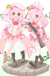 Rule 34 | 2girls, :d, animal ears, arm up, ascot, bare shoulders, bell, beret, blush, bolt action, boots, breasts, brown eyes, brown footwear, collared jacket, commentary request, cross-laced footwear, ears down, elbow gloves, glasses, gloves, gradient background, green background, gun, hair between eyes, hair over one eye, hand on headwear, hat, highres, holding, holding gun, holding sword, holding weapon, jacket, kanijiru, lace-up boots, layered skirt, long hair, long sleeves, looking at viewer, mauser 98, medium breasts, multiple girls, open mouth, original, pantyhose, pink hair, pink hat, pink jacket, pink legwear, pink skirt, pleated skirt, rabbit ears, red-framed eyewear, red ascot, red gloves, rifle, scope, semi-rimless eyewear, shirt, skirt, sleeveless, sleeveless shirt, smile, sniper rifle, standing, sword, twitter username, under-rim eyewear, very long hair, weapon, weapon request, white background, wrist cuffs