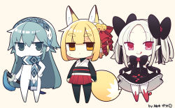 Rule 34 | 3girls, :&lt;, :q, animal ears, bell, black bow, black legwear, black theme, blonde hair, blue eyes, blue hair, blush, bow, bridal gauntlets, brown background, brown eyes, chibi, closed mouth, commentary request, flower, fox ears, fox girl, fox tail, hair bell, hair between eyes, hair bow, hair ornament, hairband, holding, holding sheath, japanese clothes, jingle bell, katana, kimono, long hair, looking at viewer, multiple girls, obi, original, pantyhose, parted bangs, petals, pleated skirt, red bow, red eyes, red flower, red rose, red skirt, rose, sash, shaded face, sheath, sheathed, short eyebrows, short kimono, silver hair, simple background, skirt, skirt basket, skirt hold, sleeveless, sleeveless kimono, smile, standing, sweat, sword, tail, thick eyebrows, tongue, tongue out, very long hair, weapon, white kimono, yuzuki gao