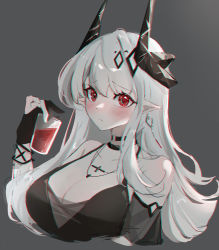 Rule 34 | 1girl, absurdres, arknights, bare shoulders, black choker, black dress, black gloves, blush, breasts, chinese commentary, choker, cleavage, commentary, cropped torso, cup, detached sleeves, dress, drinking glass, earrings, gloves, grey background, halter dress, halterneck, highres, holding, holding cup, horns, jewelry, large breasts, long hair, looking at viewer, mudrock (arknights), mudrock (obsidian) (arknights), necklace, pointy ears, red eyes, sanqianqianqianqian w, short sleeves, simple background, sleeveless, sleeveless dress, solo, upper body, white hair