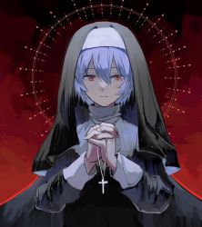 Rule 34 | 1girl, alternate costume, ayanami rei, blue hair, commentary, cross, cross necklace, dango (uni 520), evangelion: 2.0 you can (not) advance, evangelion: 3.0+1.0 thrice upon a time, evangelion: 3.0 you can (not) redo, expressionless, habit, hair between eyes, halo, hands up, high collar, highres, holding, holding jewelry, holding necklace, jewelry, looking at viewer, necklace, neon genesis evangelion, nun, own hands clasped, own hands together, rebuild of evangelion, red background, rosary, short hair, solo, upper body