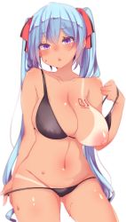 Rule 34 | 1girl, :&lt;, alternate breast size, bare arms, bare shoulders, bikini pull, bikini tan, blue hair, blush, breast tattoo, breasts, cleavage, closed mouth, clothes pull, cowboy shot, gluteal fold, groin, hatsune miku, highres, kusoyuridanchi, large breasts, long hair, looking at viewer, navel, nipples, nose blush, number tattoo, one breast out, pulling own clothes, purple eyes, simple background, solo, stomach, strap pull, sweat, tan, tanline, tattoo, twintails, undressing, very long hair, vocaloid, white background