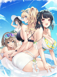 Rule 34 | 4girls, alternate hairstyle, atago (kancolle), beach, bikini, black bikini, black hair, black nails, blonde hair, blue eyes, blush, breasts, brown hair, choukai (kancolle), cleavage, closed mouth, collarbone, day, eyewear on head, floral print, glasses, goggles, goggles on head, hat, highres, innertube, kantai collection, large breasts, long hair, looking at viewer, maya (kancolle), medium breasts, multiple girls, nail polish, off shoulder, open mouth, outdoors, partially submerged, picoli1313, ponytail, red eyes, short hair, sitting, smile, standing, sun hat, swim ring, swimsuit, takao (kancolle), water, wavy hair, white bikini, white headwear
