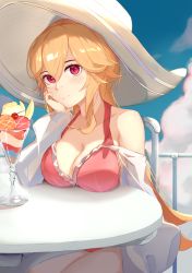 Rule 34 | 1girl, absurdres, azur lane, blonde hair, blue sky, breast rest, breasts, breasts on table, casual, chair, cherry, cleavage, cloud, food, frilled swimsuit, frills, fruit, hand on own head, hat, highres, ice cream, large breasts, looking at viewer, off shoulder, one-piece swimsuit, pink eyes, richelieu (azur lane), richelieu (fleuron of the waves) (azur lane), side-tie swimsuit, sidelocks, sitting, skai kun, sky, swimsuit, table
