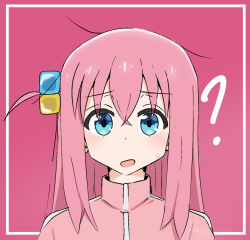 Rule 34 | 1girl, ?, absurdres, blue eyes, bocchi the rock!, border, chiochiiii, commentary, cube hair ornament, english commentary, gotoh hitori, hair between eyes, hair ornament, highres, jacket, looking at viewer, one side up, open mouth, pink background, pink hair, pink jacket, signature, solo, sweatdrop, upper body, white border